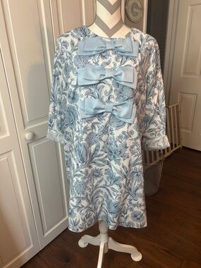 Tuckernuck Hycianth House Blue and White Floral Dress with Satin Bow Accents